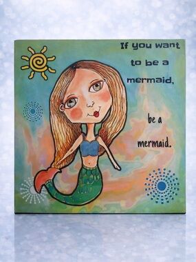 Hand Crafted Mermaid Canvas Art - Teal, Coral & Green